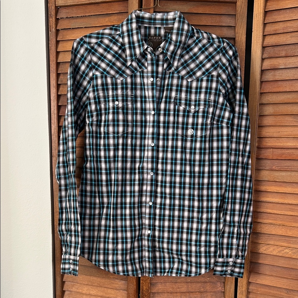 Women’s Roper Blue Black and White Plaid Button Up Shirt